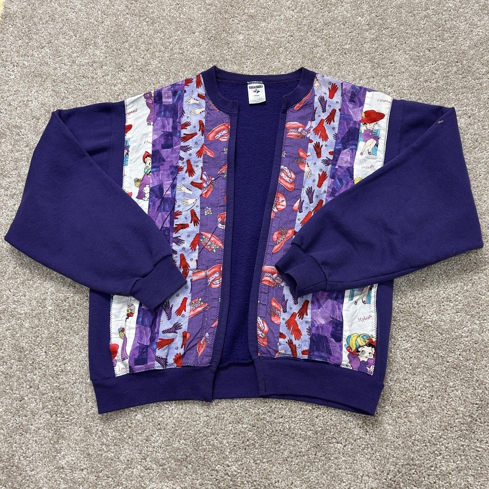 Y2K Betty Boop Cardigan Sweatshirt Womens Medium Purple Patchwork Homemade - Picture 1 of 6